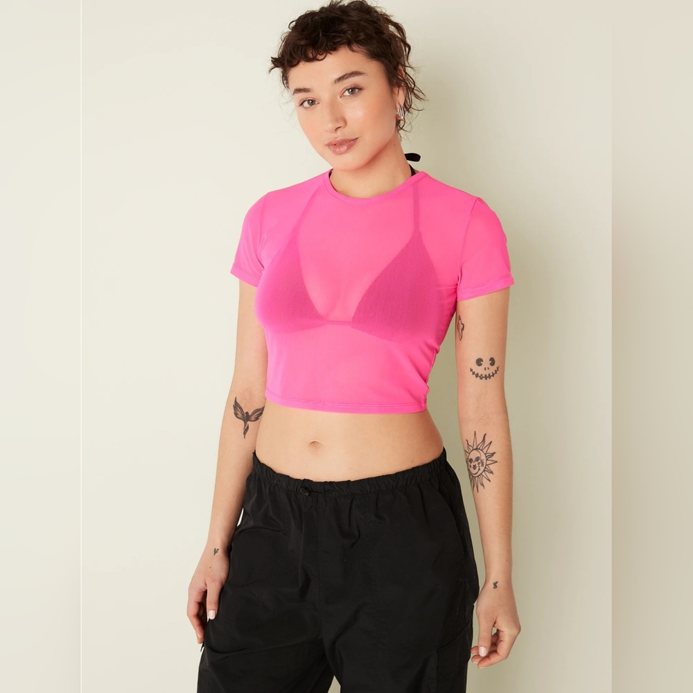 NWOT PINK Mesh Crop Crew Tee